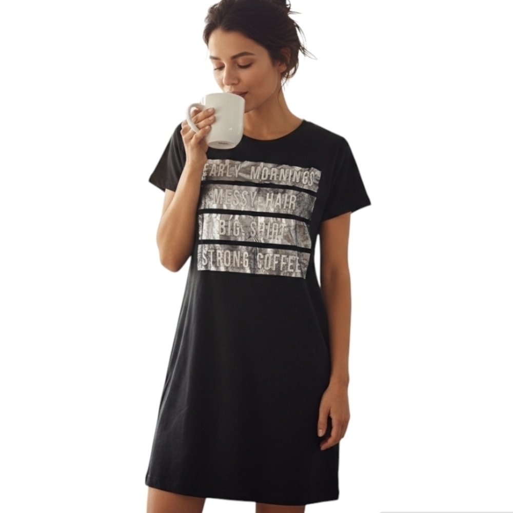 Black Sleep Shirt Early Mornings Messy Hair Big Shirt Strong Coffee